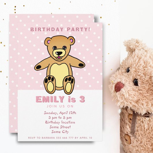 かわいいテディベア ピンクの水玉模様の女の子の誕生日 招待状