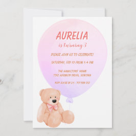 かわいいテディベア&ピンクバルーン女の子の誕生日 招待状