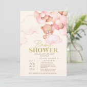 かわいいテディベア ピンク＆ゴールド ベビーガールシャワー 招待状 (スタンド正面)
