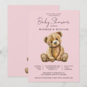 かわいいテディベア ピンク 赤ちゃん女の子 ベビーシャワー 招待状 (正面/裏面)