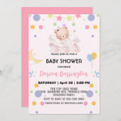 かわいいテディベア ムーンバルーン ベビーシャワーパーティー 招待状 (正面/裏面)