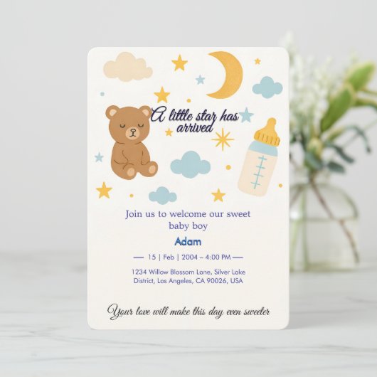 かわいいテディベア&ムーン男の赤ちゃん到着招待状 招待状 (スタンド正面)