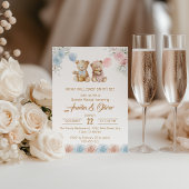 かわいいテディベア　性別発表　ピンクとブルーのバラ 招待状