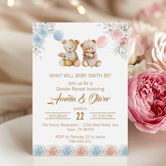 かわいいテディベア　性別発表　ピンクとブルーのバラ 招待状