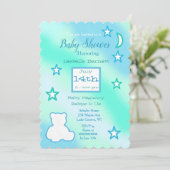 かわいいテディベア、星とムーンブルーとグリーン 招待状 (スタンド正面)