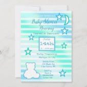 かわいいテディベア、星とムーンブルーとグリーン 招待状 (正面)