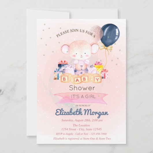 かわいいテディベア、星プレゼント赤ちゃんシャワー 招待状 (正面)