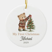 かわいいテディベア 赤ちゃんの初めてのクリスマス セラミックオーナメント (正面)