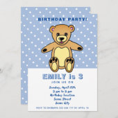 かわいいテディベア 青い水玉模様 子供の誕生日 招待状 (正面/裏面)