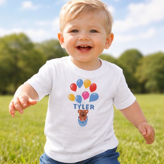かわいいテディベア 青い風船 男の子の名前 ベビーTシャツ