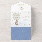 かわいいテディベア 青と金の風船 男の子 赤ちゃん歓迎会 オールインワン招待状 (外側)