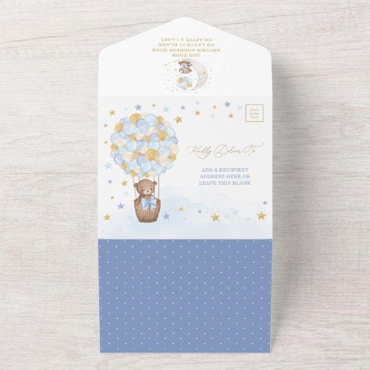 かわいいテディベア 青と金の風船 男の子 赤ちゃん歓迎会 オールインワン招待状 (外側)