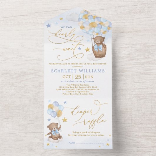 かわいいテディベア 青と金の風船 男の子 赤ちゃん歓迎会 オールインワン招待状 (内側)