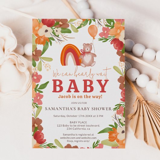 かわいいテディベアbearly wait rainbow baby shower 招待状