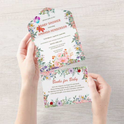 かわいいテディベアwバルーンベビーシャワーフローラ オールインワン招待状 (貼ってはがせる)