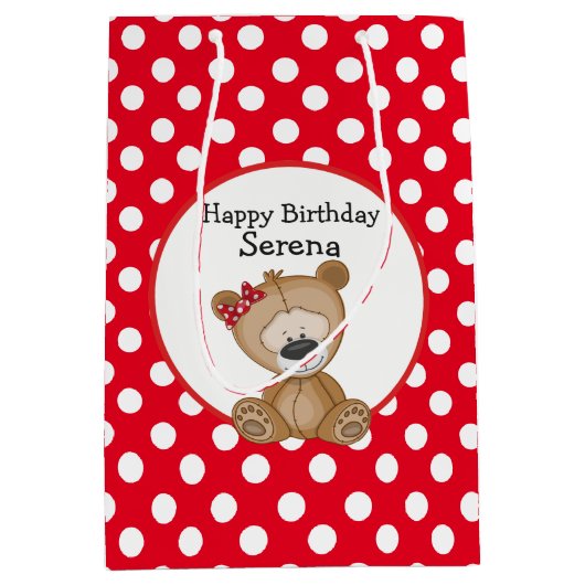 かわいいテディベアwith水玉模様誕生日 ミディアムペーパーバッグ (正面)