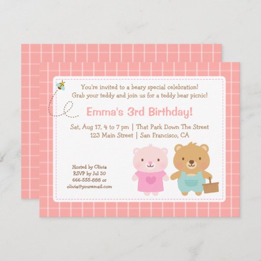かわいいテディー・ベアのピクニック子供のパーティーの誕生日 招待状 (正面/裏面)