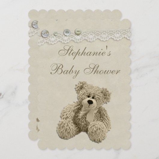 かわいいテディー・ベアのヴィンテージのレースのベビーシャワー 招待状 (正面/裏面)