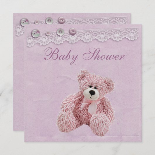 かわいいテディー・ベアのヴィンテージのレースの女の赤ちゃんのシャワー 招待状 (正面/裏面)
