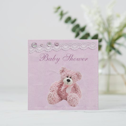 かわいいテディー・ベアのヴィンテージのレースの女の赤ちゃんのシャワー 招待状 (スタンド正面)