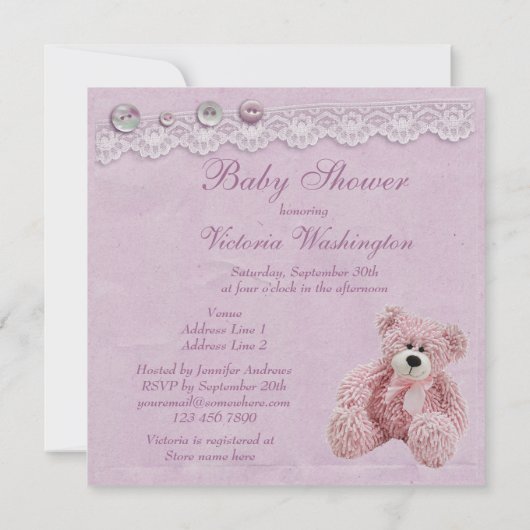 かわいいテディー・ベアのヴィンテージのレースの女の赤ちゃんのシャワー 招待状 (裏面)