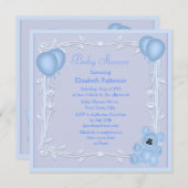 かわいいテディー・ベア及び気球の青色児のシャワーの招待 招待状 (正面/裏面)