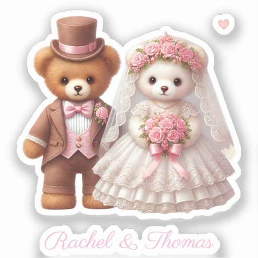 かわいいテディ新郎新婦結婚の名前をカスタムする シール (正面)