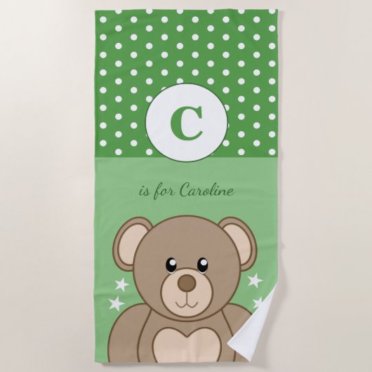 かわいいテディ水玉模様は緑と白を星 ビーチタオル (正面)