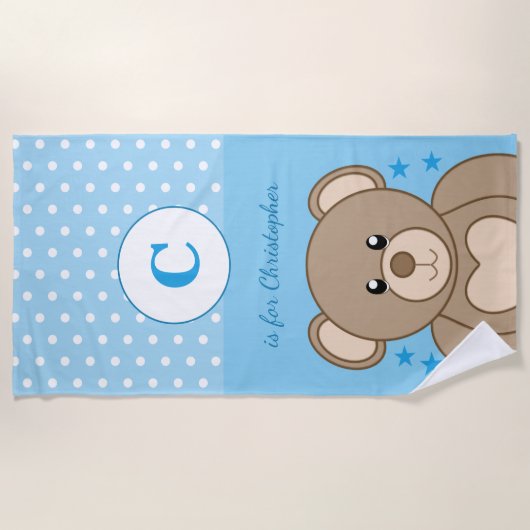 かわいいテディ水玉模様は青と白を星にする ビーチタオル (正面)