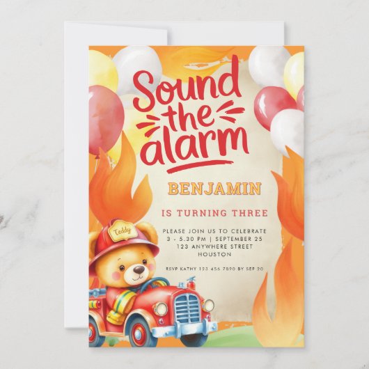 かわいいテディ火災トラック3rd誕生日レッドイエロー 招待状 (正面)