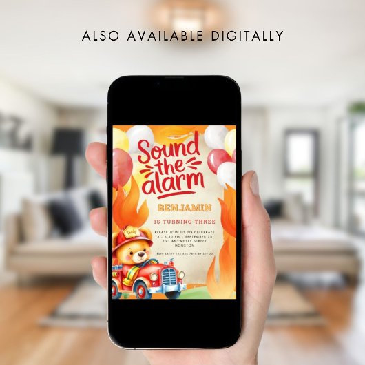 かわいいテディ火災トラック3rd誕生日レッドイエロー 招待状
