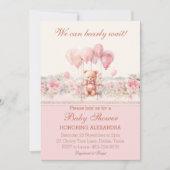 かわいいテディ真珠のように待つピンクの女の子の赤ちゃんシャワー 招待状 (正面)