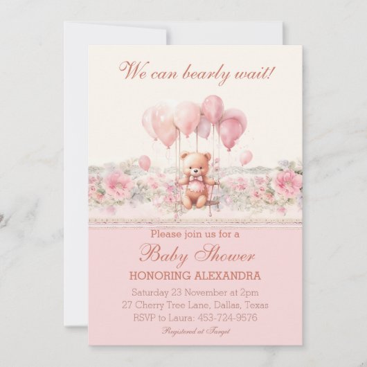 かわいいテディ真珠のように待つピンクの女の子の赤ちゃんシャワー 招待状 (正面)
