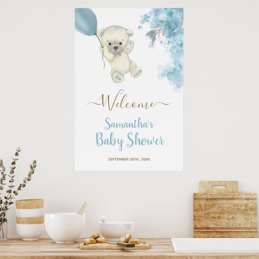 かわいいテディ赤ちゃんシャワー男の子の水色ウェルカムサイン ポスター (キッチン)