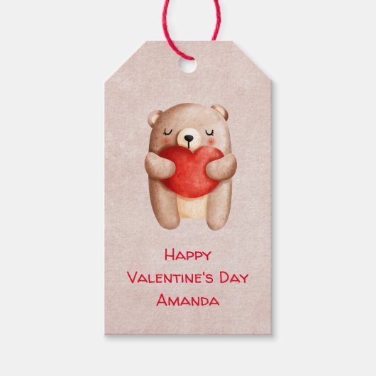 かわいいテディ運ベアの赤いハートバレンタイン ギフトタグ (正面)