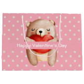 かわいいテディ運ベアの赤いハートバレンタイン ラージペーパーバッグ (裏面)