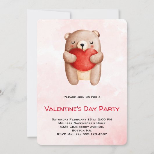 かわいいテディ運ベアの赤いハートバレンタイン 招待状 (正面)