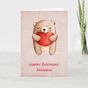 かわいいテディ運ベアの赤いハート誕生日 カード