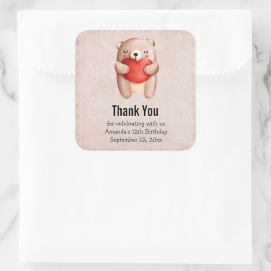 かわいいテディ運ベアの赤いハート誕生日 スクエアシール (バッグ)