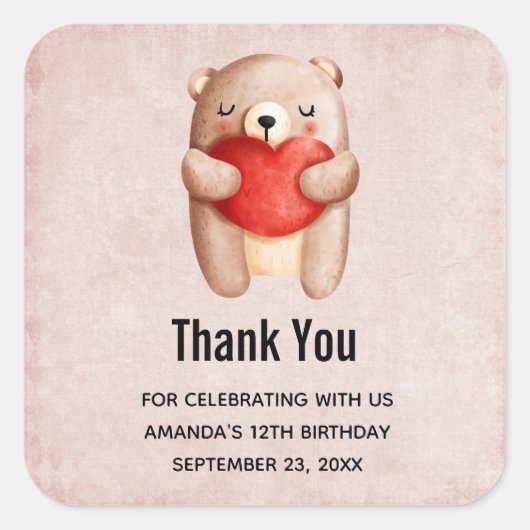 かわいいテディ運ベアの赤いハート誕生日 スクエアシール (正面)
