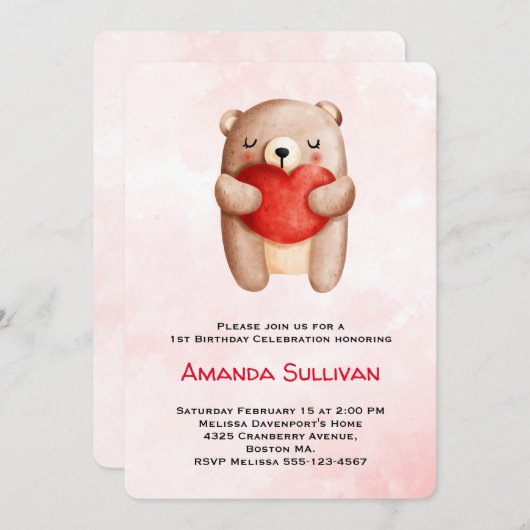 かわいいテディ運ベアの赤いハート誕生日 招待状 (正面/裏面)