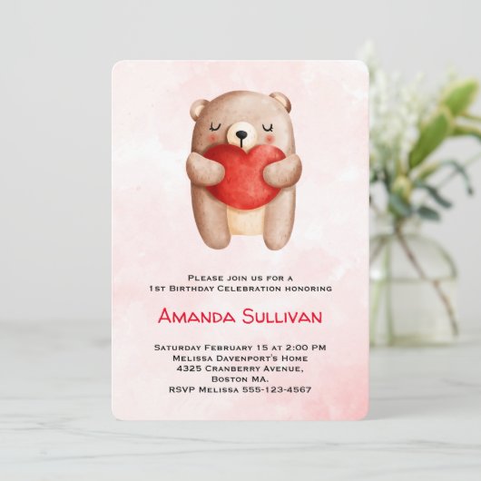 かわいいテディ運ベアの赤いハート誕生日 招待状 (スタンド正面)