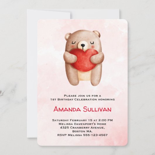 かわいいテディ運ベアの赤いハート誕生日 招待状 (正面)