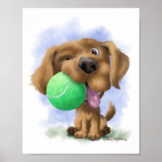 かわいいテニスボールを持つ子犬の漫画 ポスター (正面)