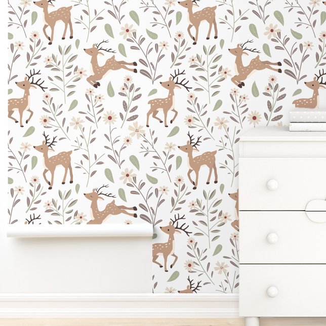 かわいいディアウッドランドニュートラル子供部屋キッズルームホワイト 壁紙 (Cute Deer Woodland Neutral Nursery Kids Room White Wallpaper)