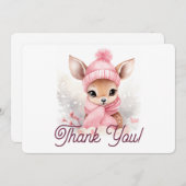 かわいいディアピンクハットスカーフウィンターワンダーランドベビー サンキューカード (正面/裏面)