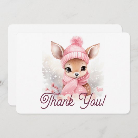 かわいいディアピンクハットスカーフウィンターワンダーランドベビー サンキューカード (正面/裏面)