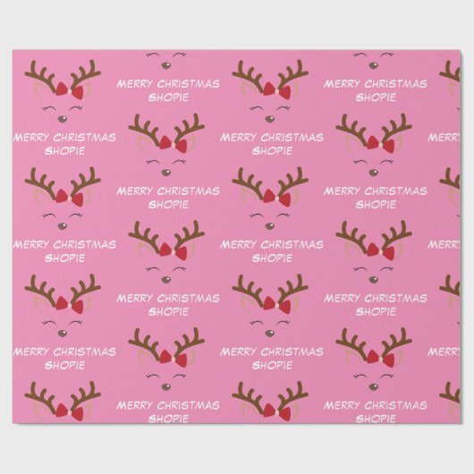 かわいいディアピンク名前をカスタムするギフトクリスマス ラッピングペーパー (フラット)
