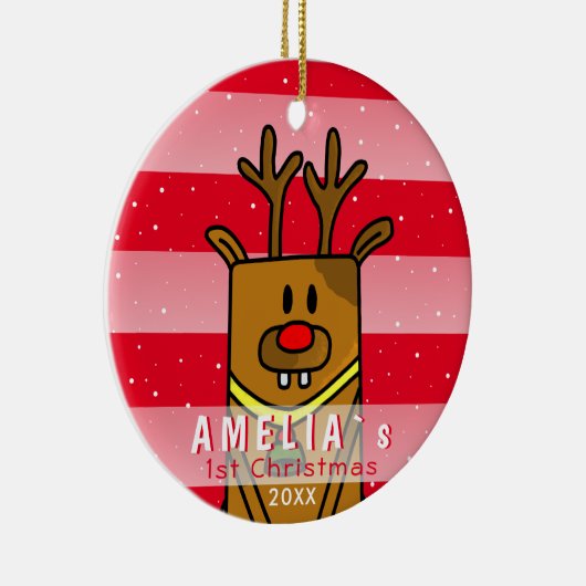 かわいいディアレッドピンクベビーの初めてのクリスマス セラミックオーナメント (右)