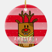 かわいいディアレッドピンクベビーの初めてのクリスマス セラミックオーナメント (裏面)